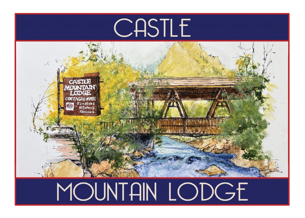Vintage painting of the bridge over Fall River at Castle Mountain Lodge