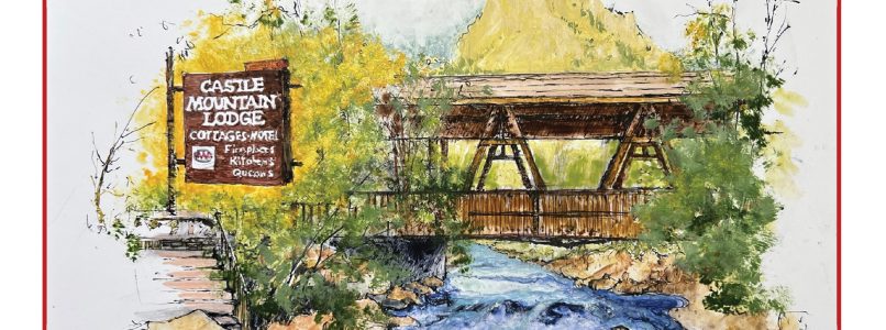Vintage painting of the bridge over Fall River at Castle Mountain Lodge